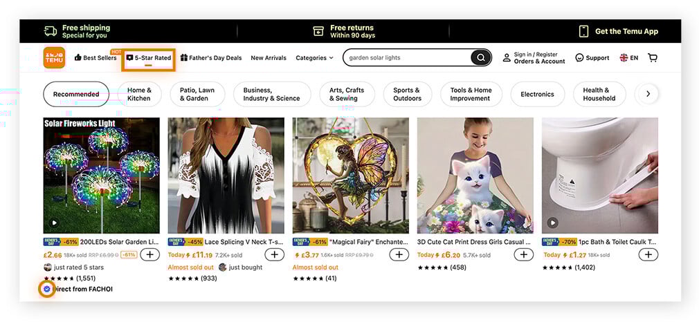 Temu.com五颗星评级页面,突出显示已验证的卖家勾选。